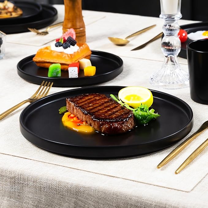 Dinnerware Sets for 4 - CJDC-QUELO 12-Piece Stoneware Plates and Bowls Sets, Ceramic Dishware Sets for Kitchen Use and Formal Dining, Chip and Scratch Resistant Microwave Dishwasher Safe, Black