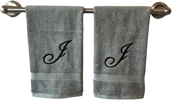 Gray Monogrammed Hand Towels for Bathroom - Luxury Hotel Quality Personalized Initial Embroidered Towel for Powder Room, Spa - GOTS Organic Certified - Set of 2 Black Letter J