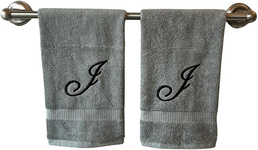 Gray Monogrammed Hand Towels for Bathroom - Luxury Hotel Quality Personalized Initial Embroidered Towel for Powder Room, Spa - GOTS Organic Certified - Set of 2 Black Letter J