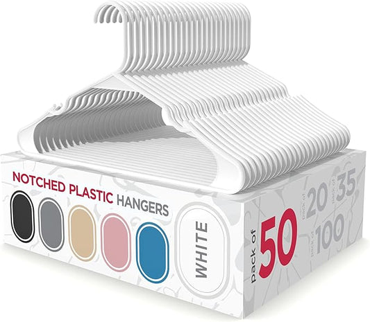 Sharpty Plastic Hangers, 50 Pack, Slim, Space Saving, Heavy Duty, White