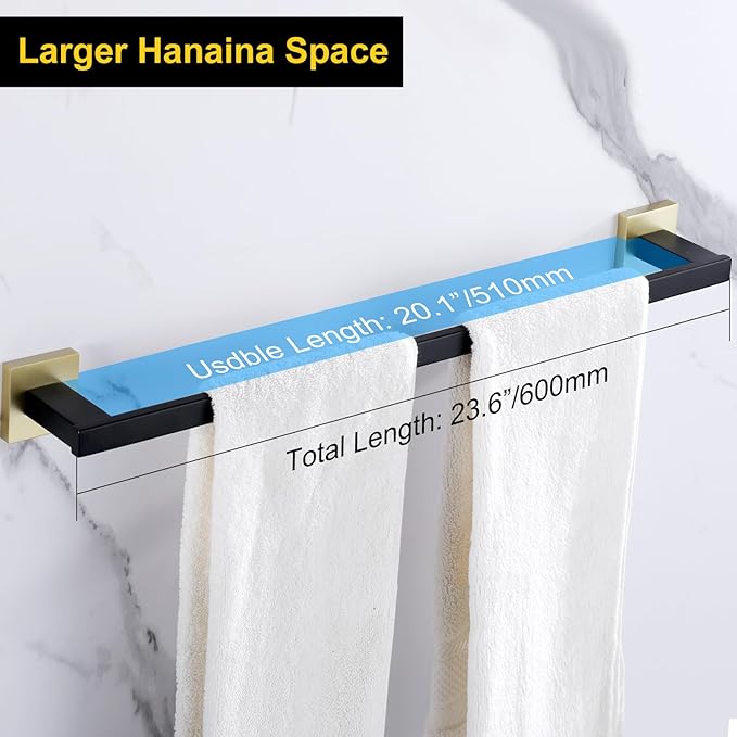 LANC 24-Inche Bathroom Towel Bar for Bathroom Wall Mounted Matte Black and Gold Bath Towel Rack Stainless Steel Towel Rod for Restroom Hotel Towel Holder Towel Hanger, A9010GK-L6