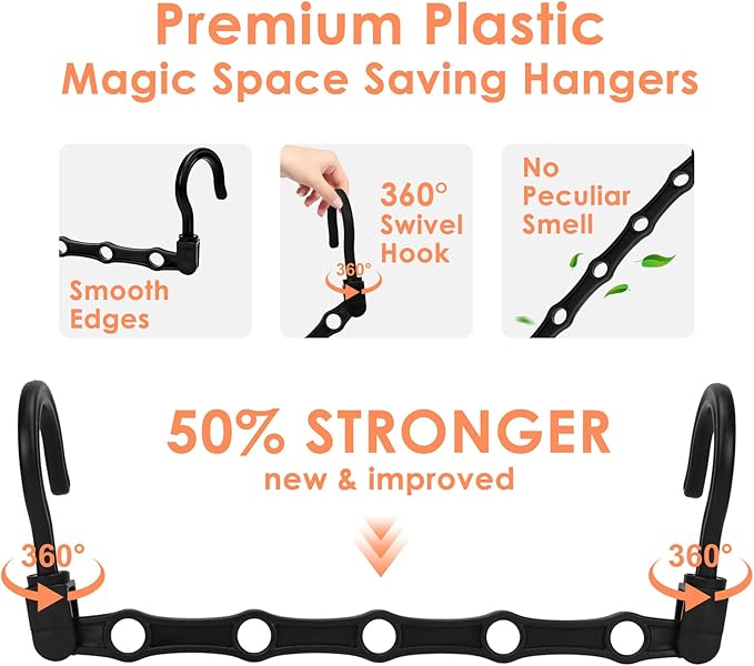 Closet Organizers and Storage, Magic Space Saving Hangers, College Dorm Room Essentials for Girls, Sturdy Cascading Hanger with 5 Holes for Heavy Clothes, Bedroom Home Organization Essentials, 12 Pack