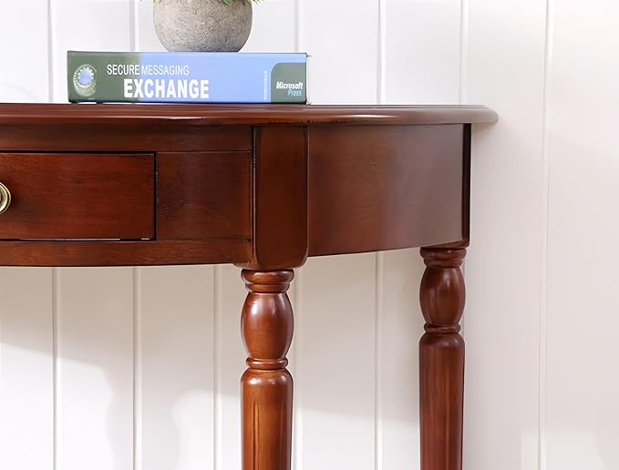 Solid Wood Console Table with Drawer, Semi-Circle Entryway Storage Shelf, Half-Moon Porch Table Side Elegant Vintage Sofa for Living Room (Walnut-Colored (39.4" L x 15.7" W x 34.4" H))