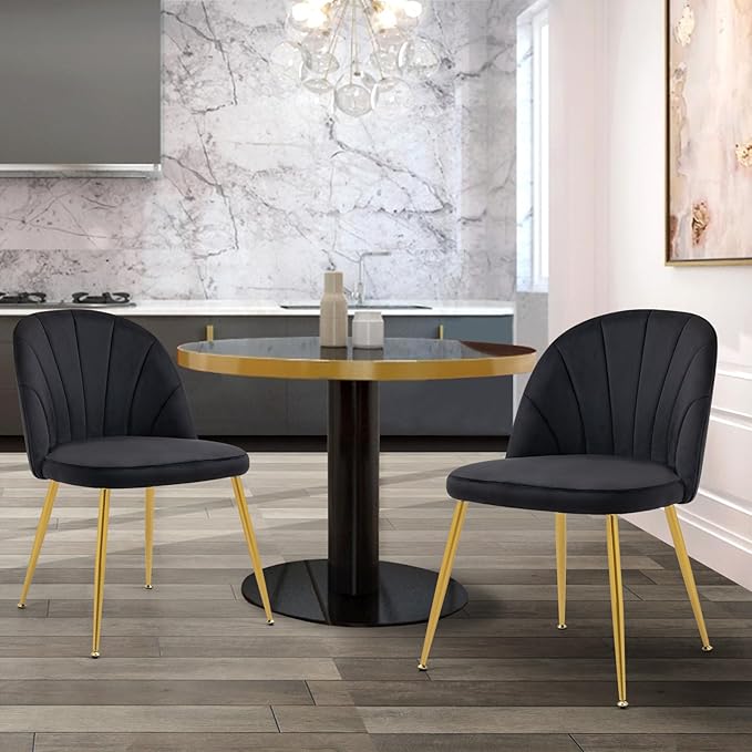 Velvet Dining Chairs Set of 6, Upholstered Mid Century Modern Dining Room Chairs, Armless Accent Chair with Metal Gold Legs for Living Room, Kitchen, Dining, Black