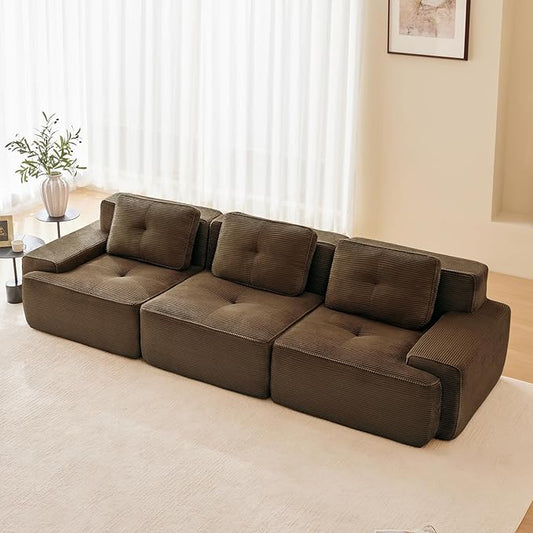 115" Modern Corduroy Cloud Sofa, Boneless Modular Large Sectional Couches for Living Room, Brown 3 Seater Compressed Memory Foam Couch, Extra Deep Seat, No Assembly