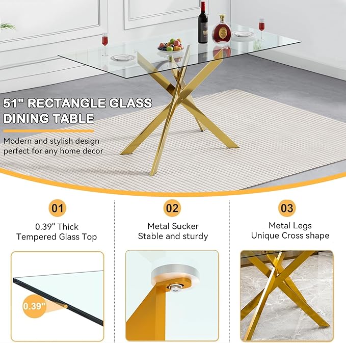 Goujxcy Glass Dining Table Set for 4, Modern Kitchen Table and Chairs Set of 4, 5-Piece Kitchen Dining Room Table Set w/51 Glass Gold Dining Table and 4 Blue Velvet Upholstered Chairs