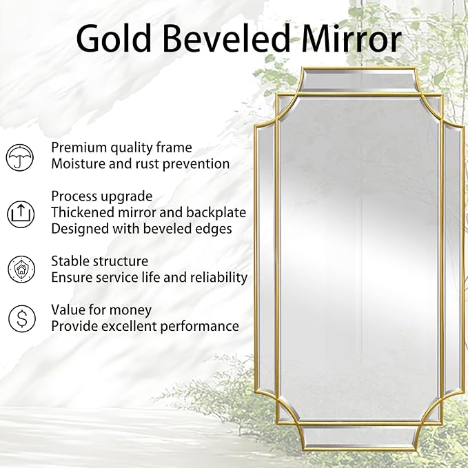 Gold Beveled Mirror, 24"x47.2" Bathroom Mirrors for Over Sink, Large Rectangle Vanity Mirror, Modern Elegant Decorative Mirrors for Living Room Bedroom Fireplace Entryway Hallway