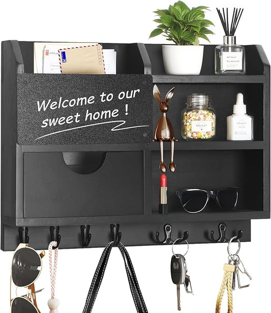 Key Holder Wall Mount, 14.5x11.2x3.5'' Larger 3-Tier Shelf 8 Hooks Drawer Storage,Wooden Key and Mail Holder for Wall,Farmhouse,Home,Living Room,House,Office Decor,Hats,Bag,Dog Leash Hanger Organizer