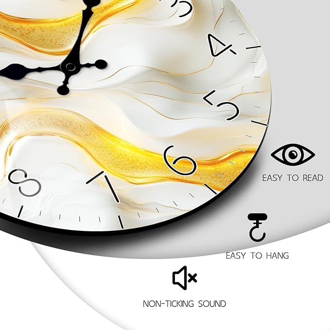 White Gold Wall Clock for Office Decor Battery Operated 12 Inch Round Wall-Clocks Non-Ticking Decor for Bedroom,Living Room