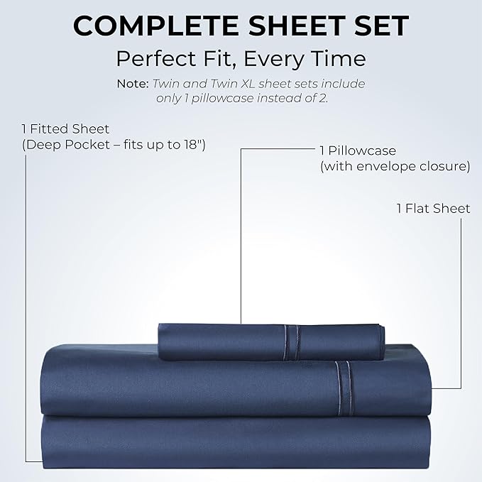 100% Natural Cotton Bed Sheets | 500 TC Single-Ply Sateen Weave Twin XL Sheets | Breathable, Hypoallergenic Solid 3-Piece Bedding with Deep Pocket Fitted, Flat, Pillowcase | Navy Blue