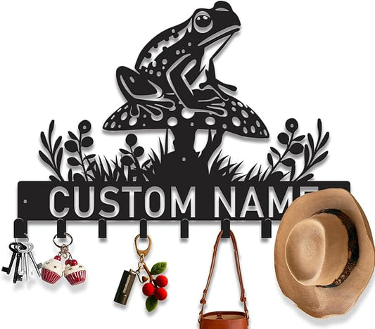 Custom Frog Key Holder for Wall Entryway, Personalized Metal Name Sign with Hooks Coat Rack & Dog Leash Holder, Decorative Wall Hanger Organizer (Style-4)