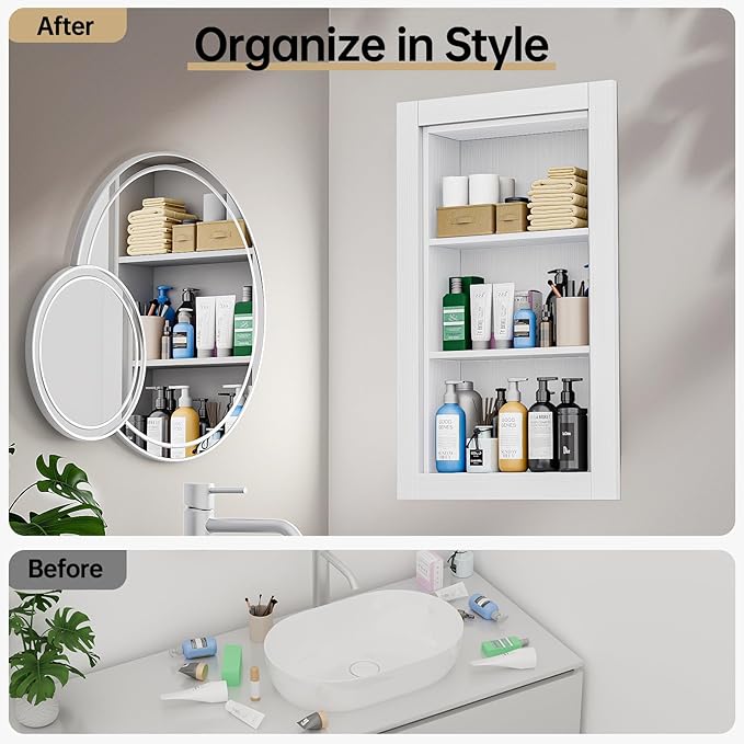 14x24 Recessed Medicine Cabinet, Wood Bathroom Wall Niche, Water-Proof Recessed Wall Niche Medicine Cabinet Replacement, for Living Room, Bathroom Storage, White