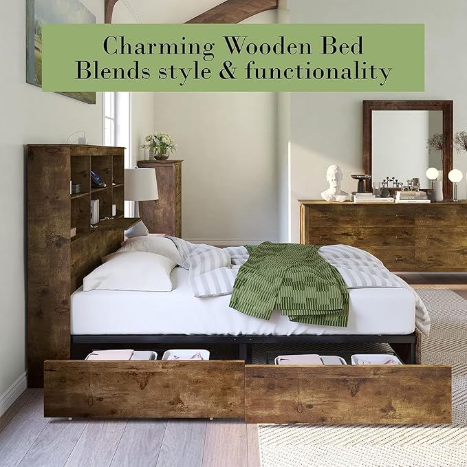 AMERLIFE King Size Bed Frame Wooden Platform Bed with 51.2" Storage LED Bookcase Headboard, Charging Station & 4 Storage Drawers/No Box Spring Needed/Noise Free/Rustic Brown