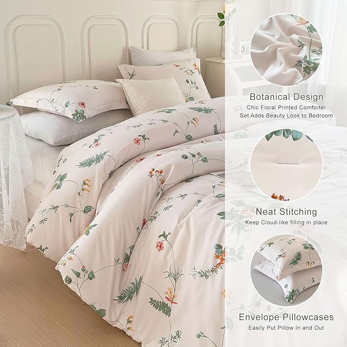 EAVD Garden Floral Comforter Set Queen Vintage Chic Botanical Floral Leaves Patten Aesthetic Comforter Soft Washed Microfiber Bedding Comforter Set 1 Comforter and 2 Pillowcases