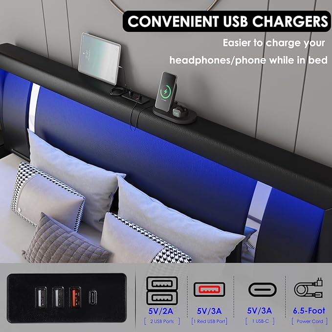 Keyluv King Size Bed Frame with RGB LED Lights & 2 Storage Drawers, Modern Upholstered Platform Bed with Iron Metal Decor, USB Charging Ports, Black