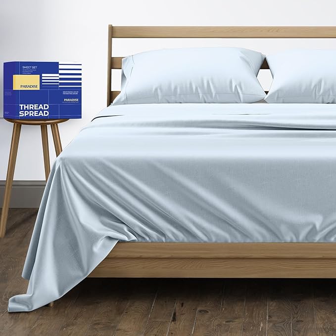 THREAD SPREAD 100% Egyptian Cotton King Size Sheets Set - High Thread Count Bed Sheets King Size Deep Pocket 16" (4 PC, Light Blue), Soft, Cooling, Extra Long Staple Sateen Luxury Hotel Sheet Set