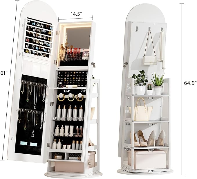 HWB LED Mirror Jewelry Cabinet, 360° Swivel Jewelry Organizer Standing, Arched Wide Full-Length Mirror with Storage Shelves, Interior Mirror, Gift Jewelry Armoire for Lady Girls