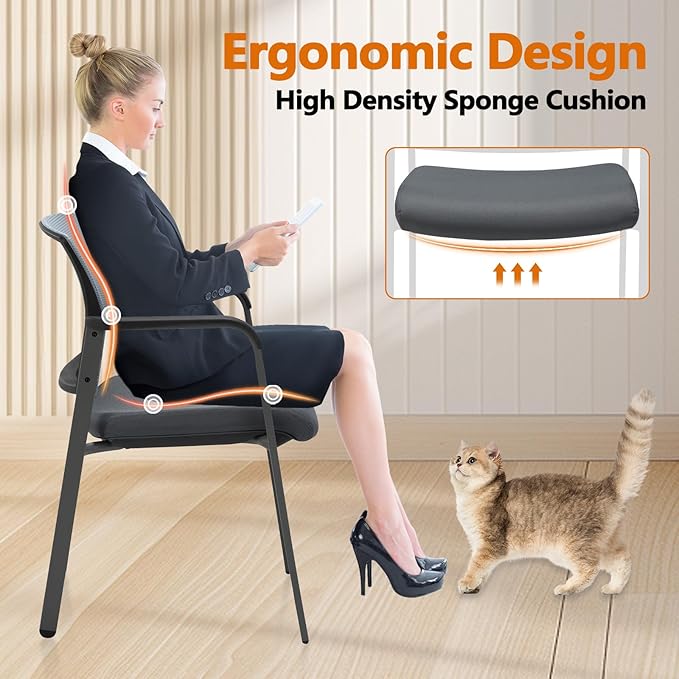 CLATINA Mesh Back Stacking Arm Chairs with Upholstered Fabric Seat and Ergonomic Lumbar Support for Office School Church Guest Reception Grey 2 Pack Set