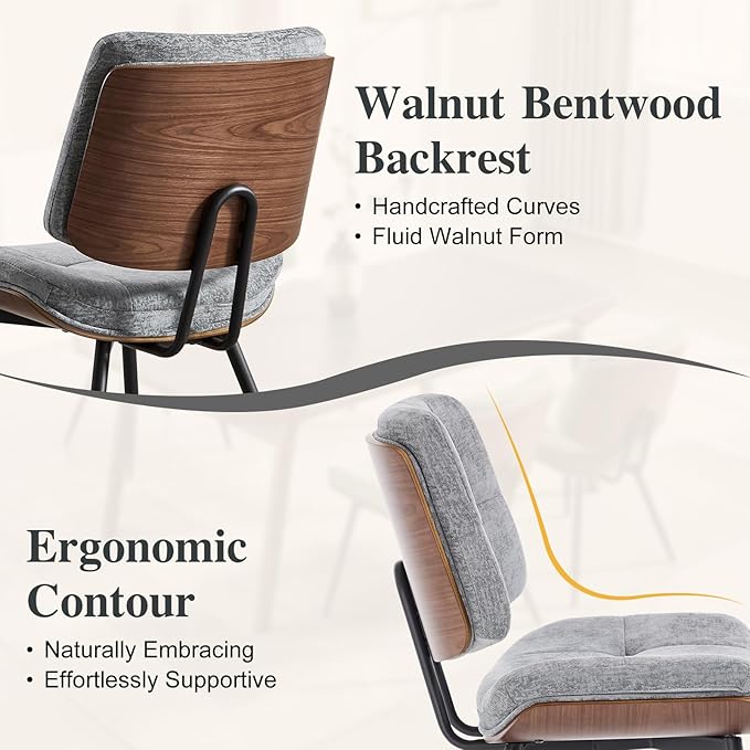 Dining Chairs Set of 2,Mid Century Modern Kitchen Chairs with Walnut Bentwood Back and Metal Legs,Upholstered Fabric Dining Room Chairs for Kitchen, Living Room,Grey
