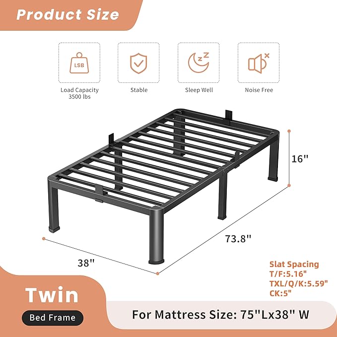 16 Inch Twin Heavy Duty 3500 lbs Bed Frame with Round-Corner Legs & Anti-Squeak Design – Quick Assembly Metal Platform, No Box Spring Needed