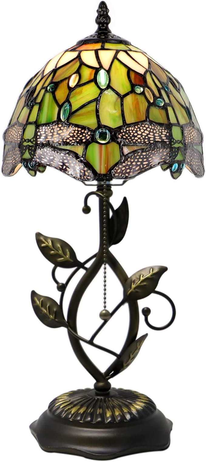 Small Tiffany Lamp Yellow White Dragonfly Style Stained Glass Table Lamps Desk Bedside Reading Light 8X8X18 Inches with Bronze Metal Leaf Resin Base