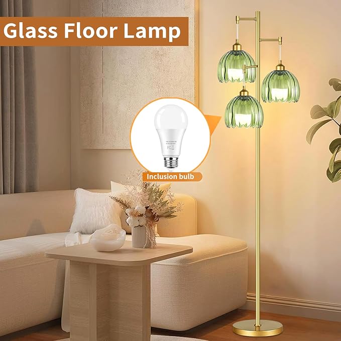 Vintage Floor Lamps for Living Room-3 Light Gold Floor Lamp with Three Bulbs & Glass Lampshape,Glass Mid Century Modern Standing Lamp Tree Tall Flower Floor Lamp for Bedroom Living Room,Corner