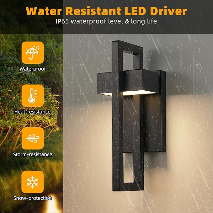 tewei 16.5'' Modern LED Outdoor Wall Sconce, Integrated LED Outdoor Light Fixtures Wall Mount Exterior Lights, Black Front Porch Outside Lighting for House, Backyard, Warm White 3000K, 2 Pack