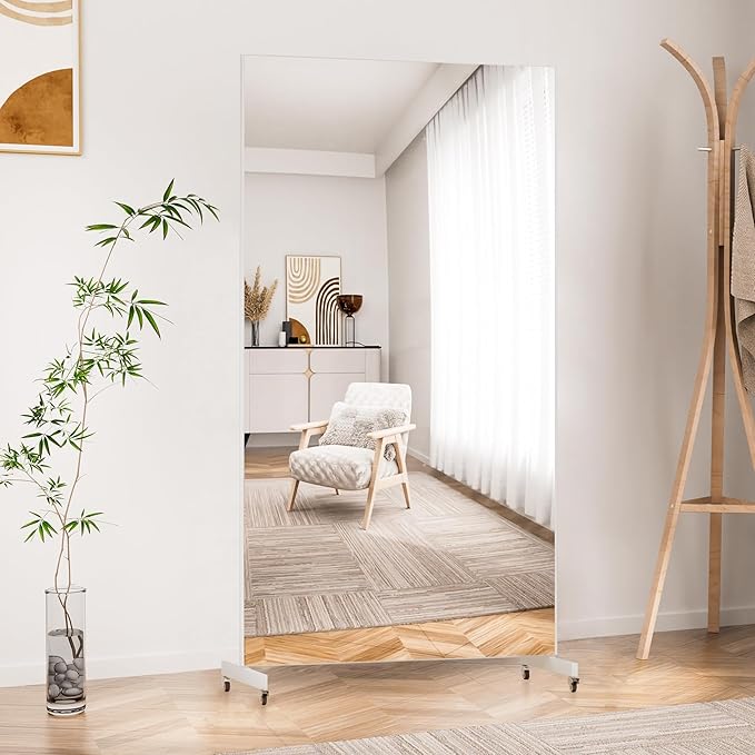 Full Length Mirror with Wheels, 71 "x 40", White, Nano Film Material Without Glass, shatterproof, Safe, Lightweight, only 13lbs Easy to Move and Install, for Home Gym, Dance & Yoga Studios.