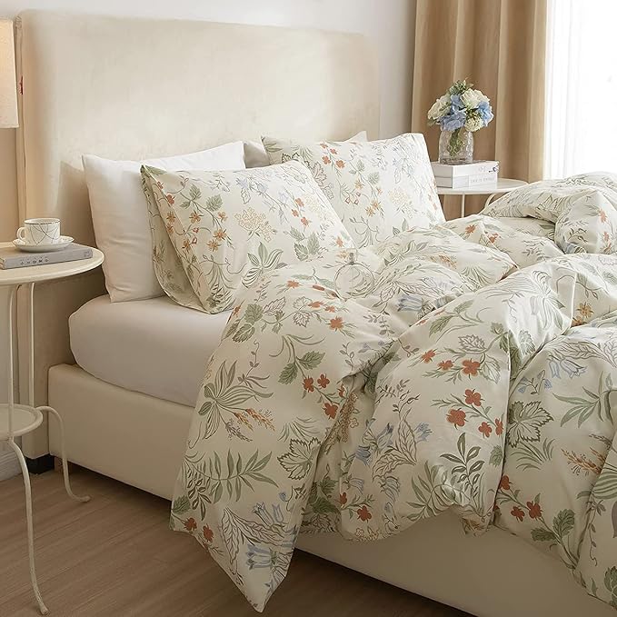 LifeTB Chic Floral Duvet Cover Twin XL Cotton Botanical Bedding Sets Vintage Style Aesthetic Comforter Garden Flower Branches Pattern with Zipper Closure 4 Ties