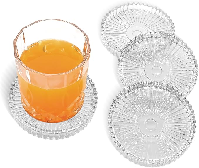 Round Modern Clear Coasters Set of 4, VIBRATITE 4 Inch Glass Cup Coaster Modern Crystal Coasters for Drinks Coffee Office Bar Kitchen Home Wedding Party Decor (Clear)