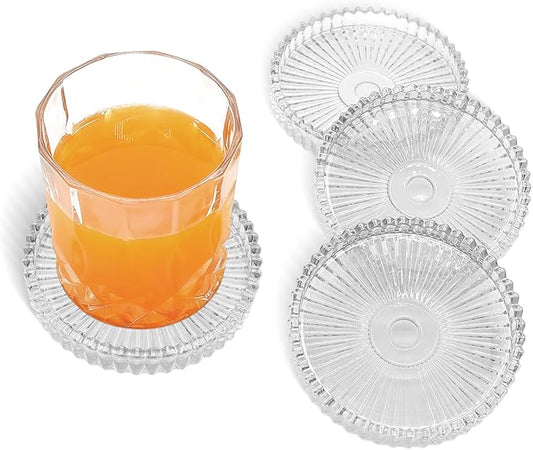 Round Modern Clear Coasters Set of 4, VIBRATITE 4 Inch Glass Cup Coaster Modern Crystal Coasters for Drinks Coffee Office Bar Kitchen Home Wedding Party Decor (Clear)