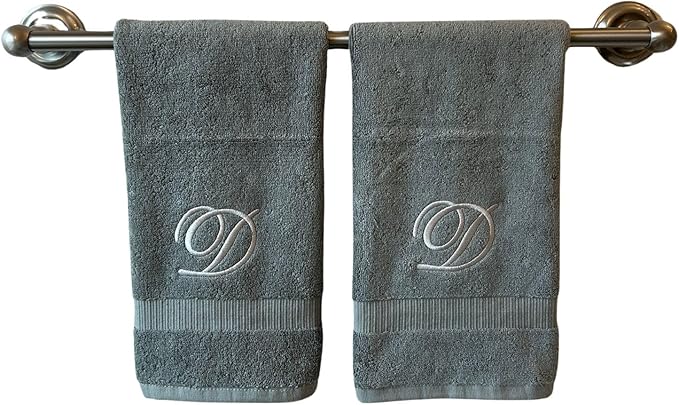 Gray Monogrammed Hand Towels for Bathroom - Luxury Hotel Quality Personalized Initial Embroidered Towel for Powder Room, Spa - GOTS Organic Certified - Set of 2 Silver Letter D