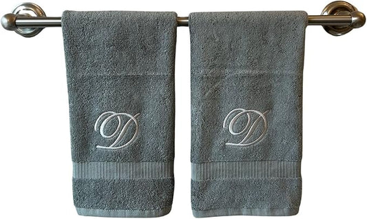 Gray Monogrammed Hand Towels for Bathroom - Luxury Hotel Quality Personalized Initial Embroidered Towel for Powder Room, Spa - GOTS Organic Certified - Set of 2 Silver Letter D