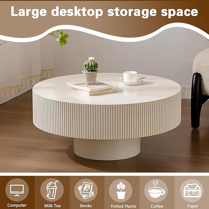 Round Drum Coffee Table White Round Fluted Coffee Table Circle Center Table Pedestal End Table for Apartment (Cream White)