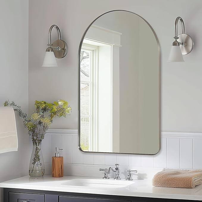 ANDY STAR Arched Mirror, 22" x 35" Brushed Nickle Bathroom Mirror in Stainless Steel Metal Frame, Arch Top Rounded Corner 1" Deep Set Design Wall Mount Hangs Vertical