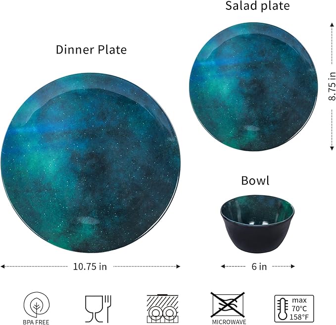 Melamine Dinnerware Sets for 4, 12pcs Plates and Bowls Sets for Daily Use, Dishwasher Safe, BPA-free, Teal Green
