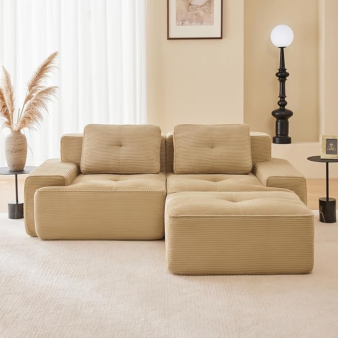 80" Modern Compressed Boneless Love Seat Couches with 1 Ottoman, 2 Seater Large Sectional Couches for Living Room, Camel Corduroy Cloud Modular Sectional Sofa, Memory Foam, Deep Loveseat, No Assembly