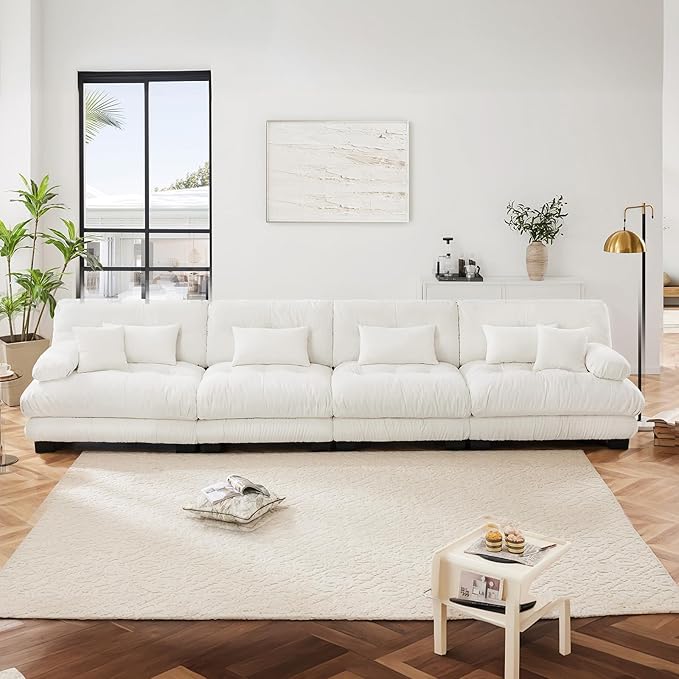 173.2" Oversized Couch, 4 Seater Modular Sectional Sofa, White Sectional Fluffy Couch Set, Chenille Cloud Couch with 6 Pillows, Deep Seat Sofas for Living Room