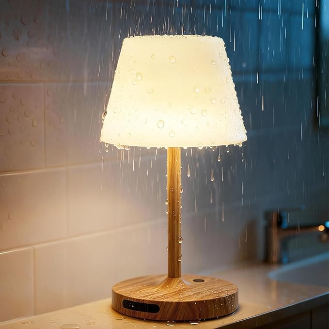 Outdoor Waterproof Shower Lamp, 5200mAh Cordless Rechargeable Table Lamp with Touch Dimming, IP65 Wireless LED Night Light for Patio, Camping, Bathroom, Restaurant & Kitchen (Wood Grain)