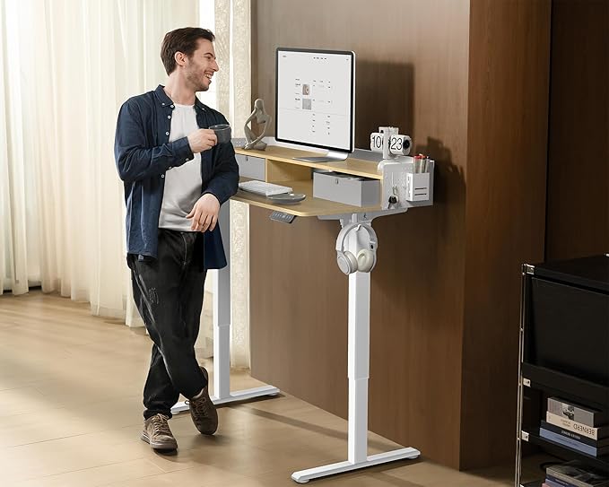 55x24 Inches Electric Standing Desk with 2 Drawers, Height Adjustable Stand up Desk for Home Office, Ergonomic Sit to Stand Table with Storage Shelf, DIY Board, Hooks, Oak