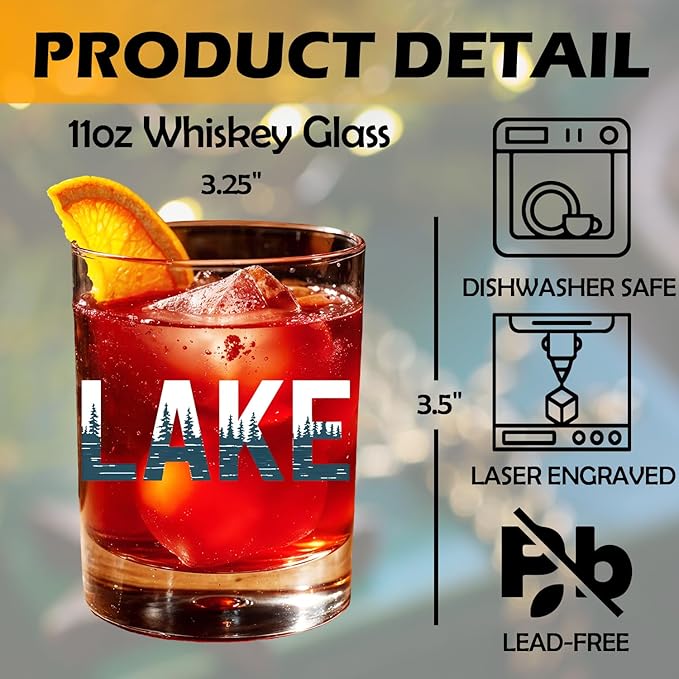 Lake Lovers Gifts Old Fashioned Whiskey Glasses, Like Life Gifts, Lakehouse Owner Gift 10 oz Rocks Barware Cup for Cocktail Drinks Scotch Bourbon Liquor