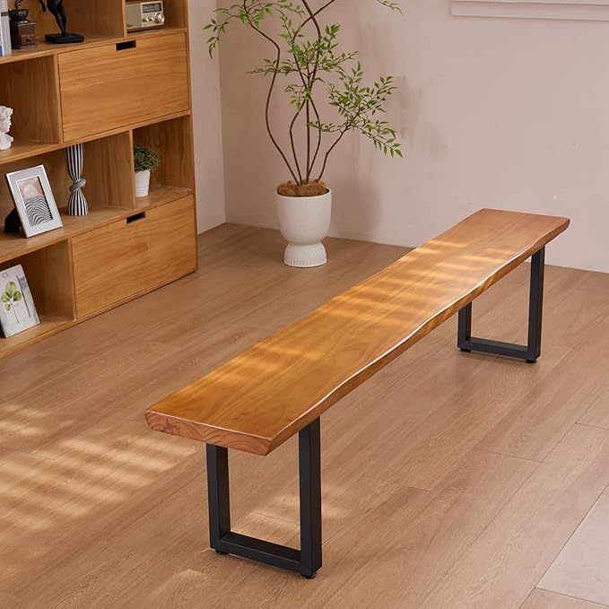 Solid Wood Top Bench with Metal Legs Durable Long Bench for Home Office Living Room Dining Room Versatile Multi Size Options Perfect Chair Stool Dining Bench Dining Chair (Light brown bench, 55.12in)