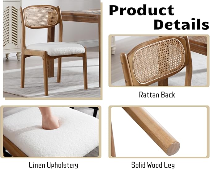 EALSON Farmhouse Rattan Dining Chairs Set of 2 Modern Mid Century Wood Dining Room Chairs with Cane Back Upholstered Sherpa Boucle Kitchen Side Chairs for Living Dining Room,Cream