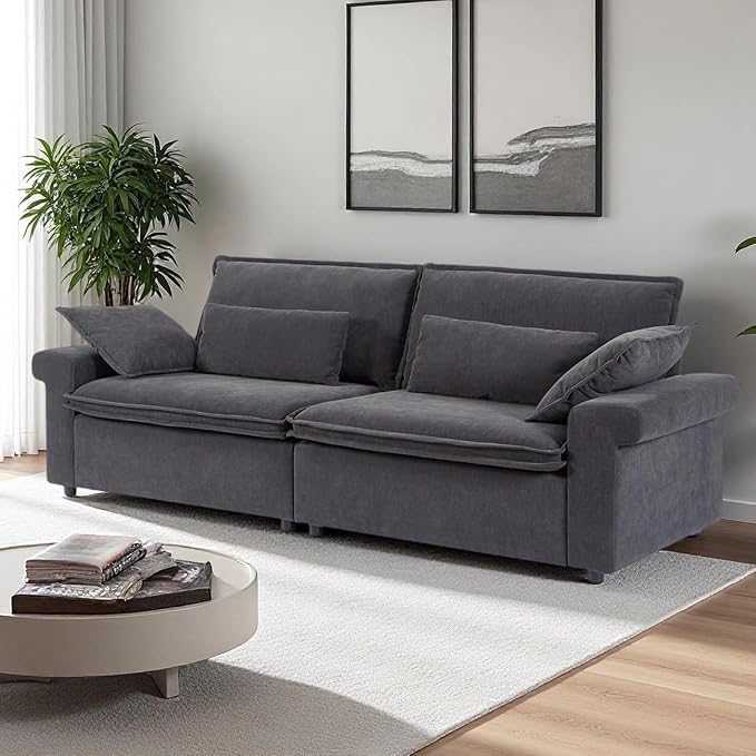 94 Inch Sofa, Oversized Couch with Wide Arms, Modern 2-Seater Sofa w/Throw Pillows, Chenille Fabric, Deep Seat Cushion, Easy Assembly, Comfy Couch for Living Room, Apartment, Office, Dark Grey