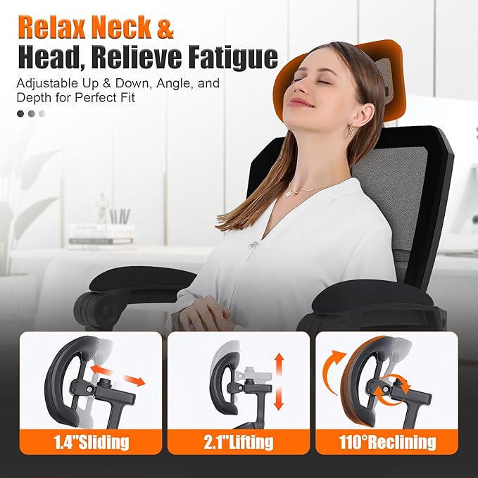 Ergonomic Office Chair with Footrest, High Back Swivel Mesh Desk Chair, Big and Tall Rolling Computer Chair with Headrest, Lumbar Support, 3-Level Tilt Backrest for Home, Bedroom, Work