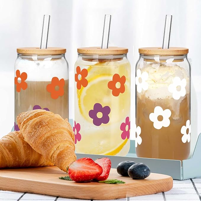Mason Life Glass Cups with Lids and Straws, 20OZ Can Shaped Glass Cups, Drinking Glasses, Iced Coffee Glasses Cup, Reusable Smoothie Iced Coffee Drinking Cup - Set of 6