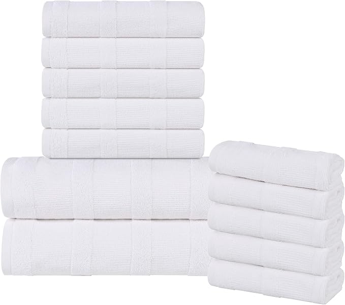 Superior Roma Cotton 12 Piece Assorted Towel Set, Highly Absorbent, Ribbed, Quick-Dry, Shower, Spa Basics, Home Essentials, Solid, Includes; 2 Bath Towels, 5 Hand Towels, 5 Face Towels, White