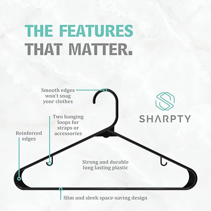 Sharpty Plastic Hangers Clothes Hangers for Clothing, Closet, Coats & Shirts - Durable, Thick, Tough & Space Saving - for Everyday Standard Use, Room Essentials & Basics - 40 Pack - Black