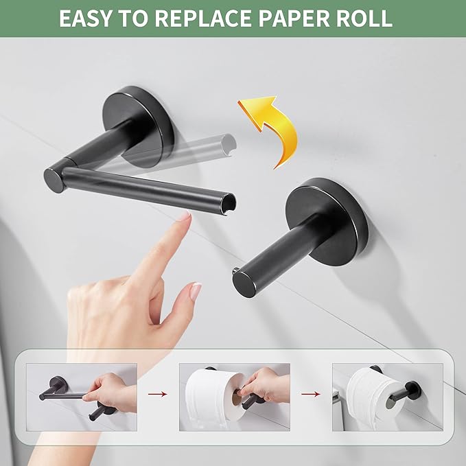 Black Toilet Paper Holder Towel Ring Matte Bathroom Accessories Set Hand Towel Holder Wall Mount Bath Hardware TP Tissue Roll Holder with Double Post Pivoting SUS304 Stainless Steel 2pc