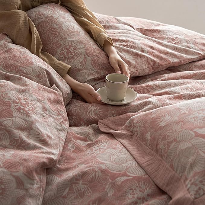 Jacquard Flower Duvet Cover King Retro Blush Pink Floral Duvet Cover Yarn-Dyed Textured Cotton Bedding Jacquard Flower Comforter Cover with Edge Design Vintage Farmhouse Floral Bedding Set King Size